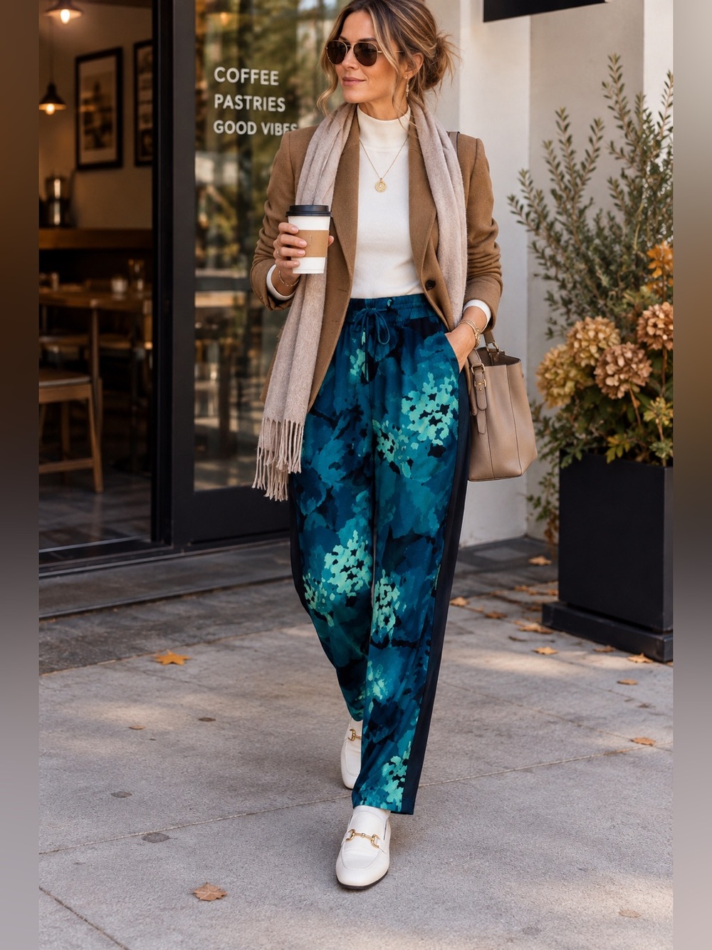 Fabletics Floral Print Jogger Pants Blue Teal Black Lightweight Athleisure